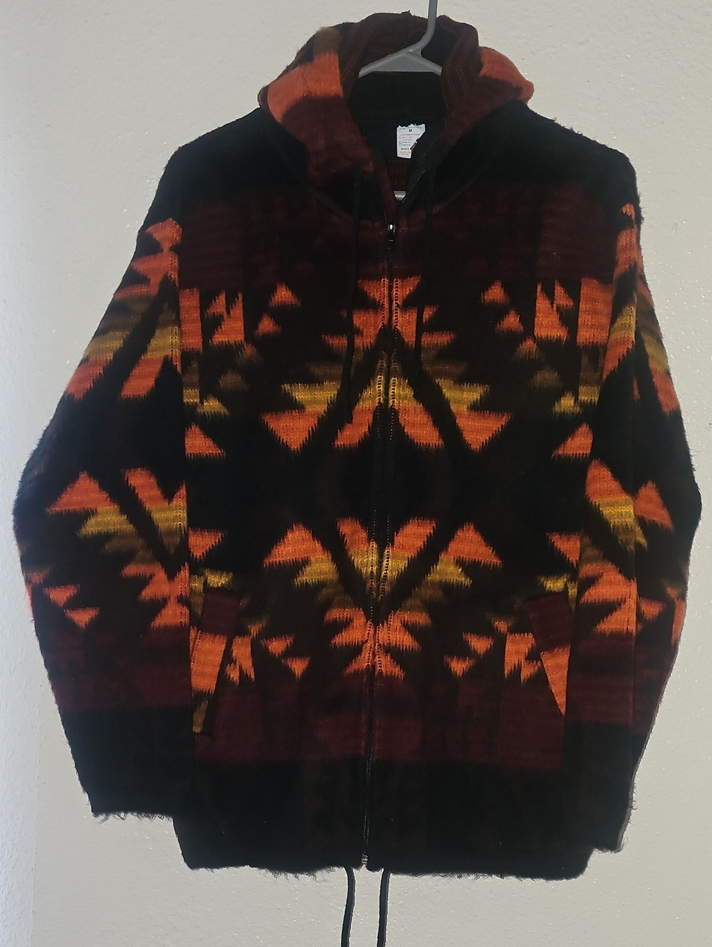 Wool-HANDMADE Women's Hooded Zip Jacket Black with Orange & Yellow Aztec Pattern